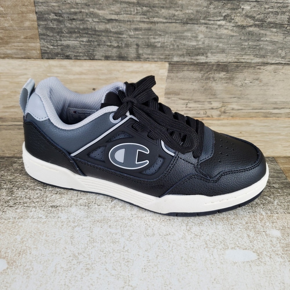 Champion 5 On 5 Lo Kids Gym Shoes Sz 4 Black Dark Gray Chalk Leather Sneakers